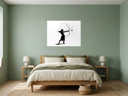 Poster sagittaire archer étoilé noir et blanc sans cadre, présenté dans : chambre aux murs vert sauge