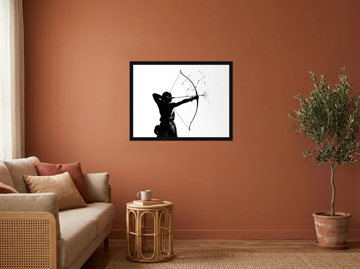 Poster sagittaire flèche céleste noir et blanc encadré noir, présenté dans : salon aux murs terracotta