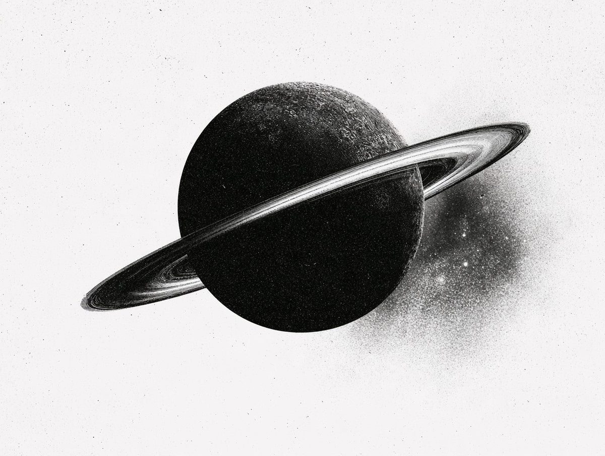 Œuvre complète du poster saturne aux anneaux lumineux noir et blanc, vue fidèle de l’illustration