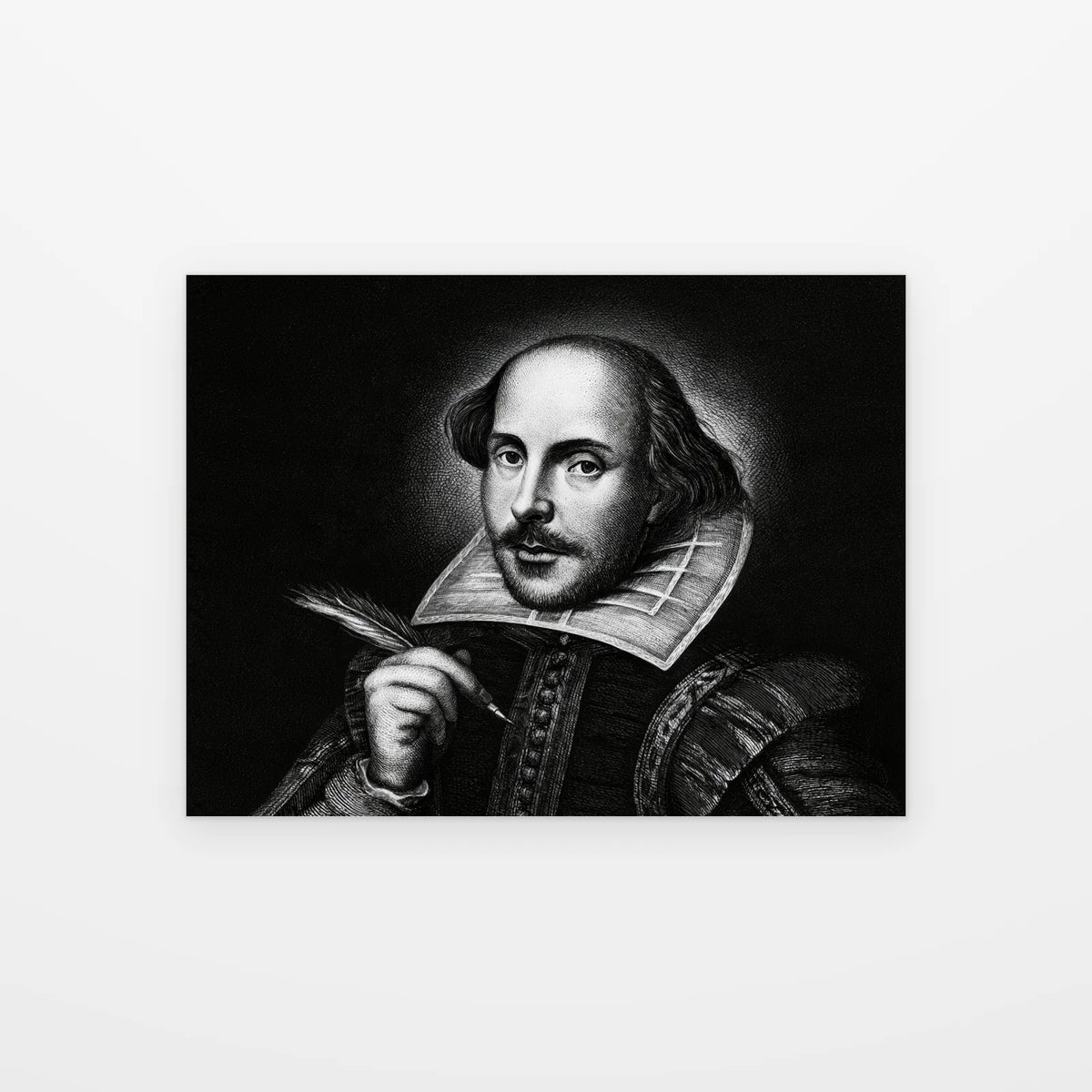 Visuel du poster shakespeare à la plume noir et blanc présenté seul sur fond blanc, aperçu de l’œuvre imprimée