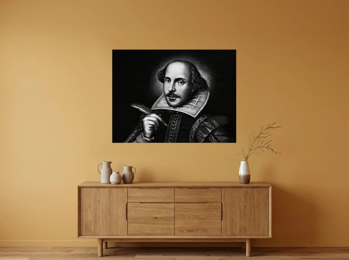 Poster shakespeare à la plume noir et blanc sans cadre, présenté dans : salle à manger aux murs ocre