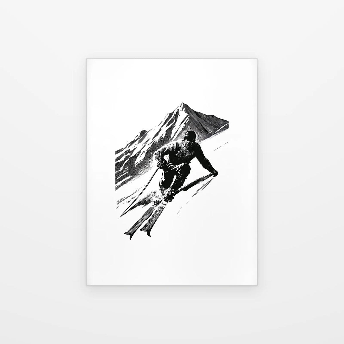 Visuel du poster Skieur au Virage noir et blanc présenté seul sur fond blanc, aperçu de l’œuvre imprimée