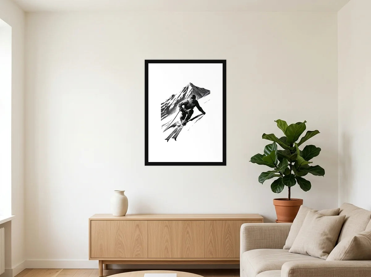 Poster skieur au virage noir et blanc encadré noir, présenté dans un salon blanc chaleureux et bois clair