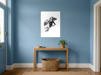 Poster skieur au virage noir et blanc sans cadre, présenté dans une entrée aux murs bleu poudré