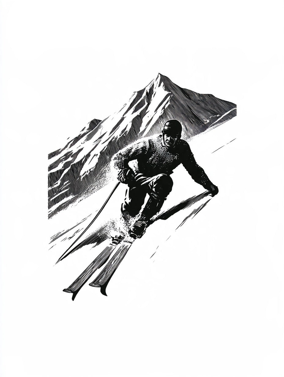 Œuvre complète du poster Skieur au Virage noir et blanc, vue fidèle du visuel original