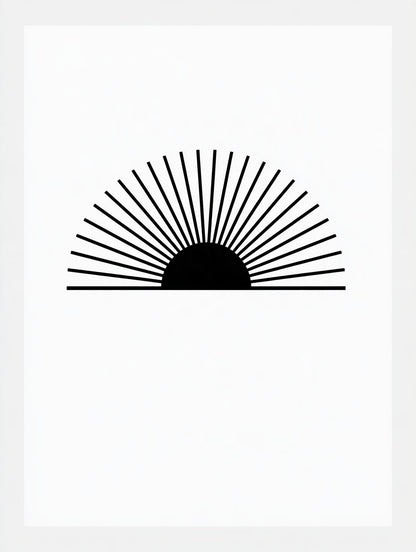 Œuvre du poster soleil levant rayonnant noir et blanc, vue complète et fidèle du visuel
