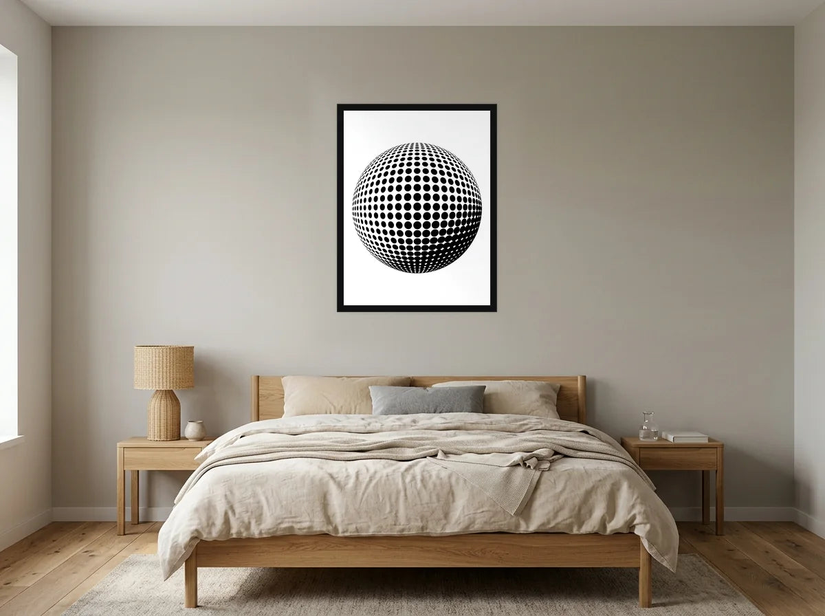 Poster Sphère Optique noir et blanc encadré noir, présenté dans : chambre aux tons lin et grège