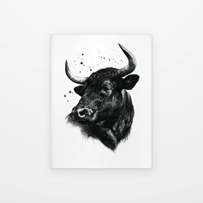 Visuel du poster taureau sous les étoiles noir et blanc présenté seul sur fond blanc, aperçu de l’œuvre imprimée