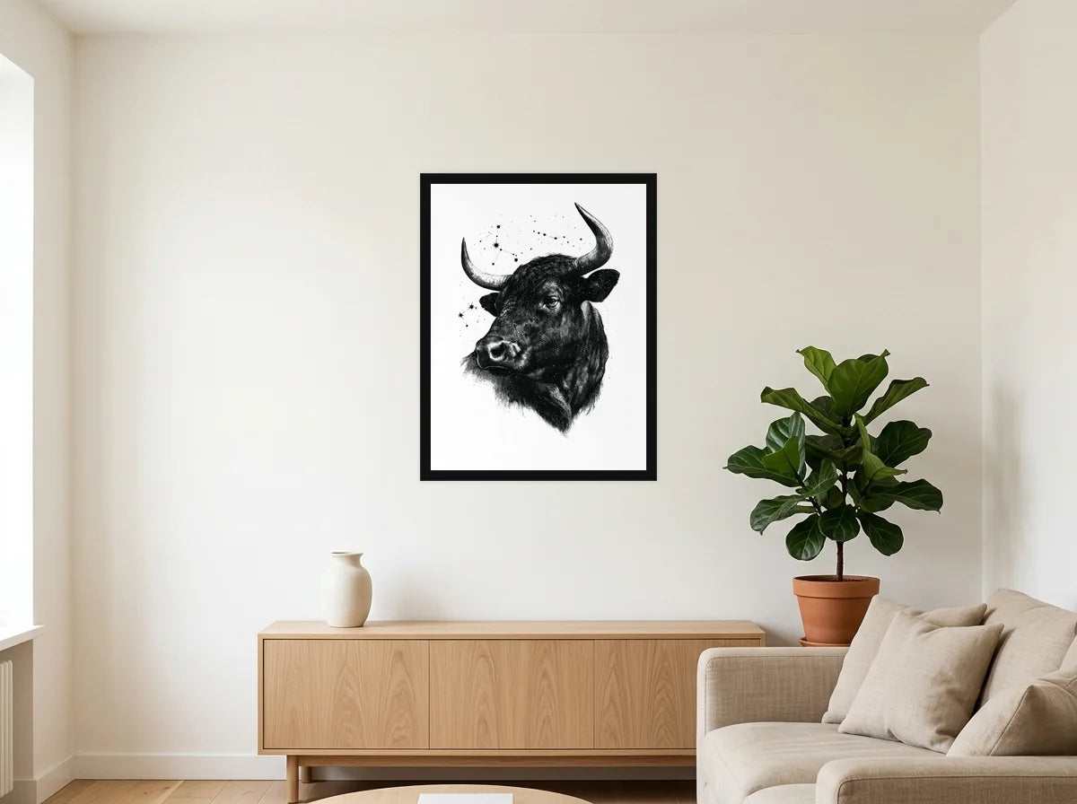 Poster taureau sous les étoiles noir et blanc encadré noir, présenté dans : salon blanc chaleureux et bois clair
