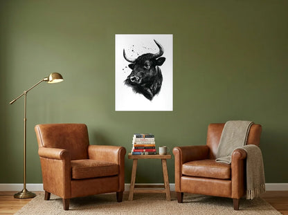 Poster taureau sous les étoiles noir et blanc sans cadre, présenté dans : coin lecture aux murs vert olive