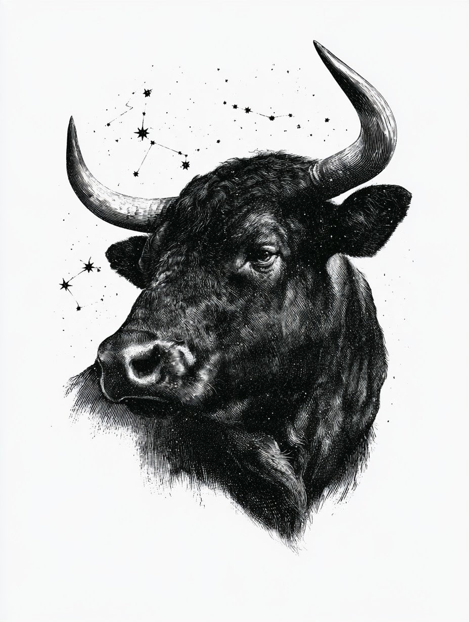 Œuvre complète du poster taureau sous les étoiles noir et blanc, vue fidèle du dessin original