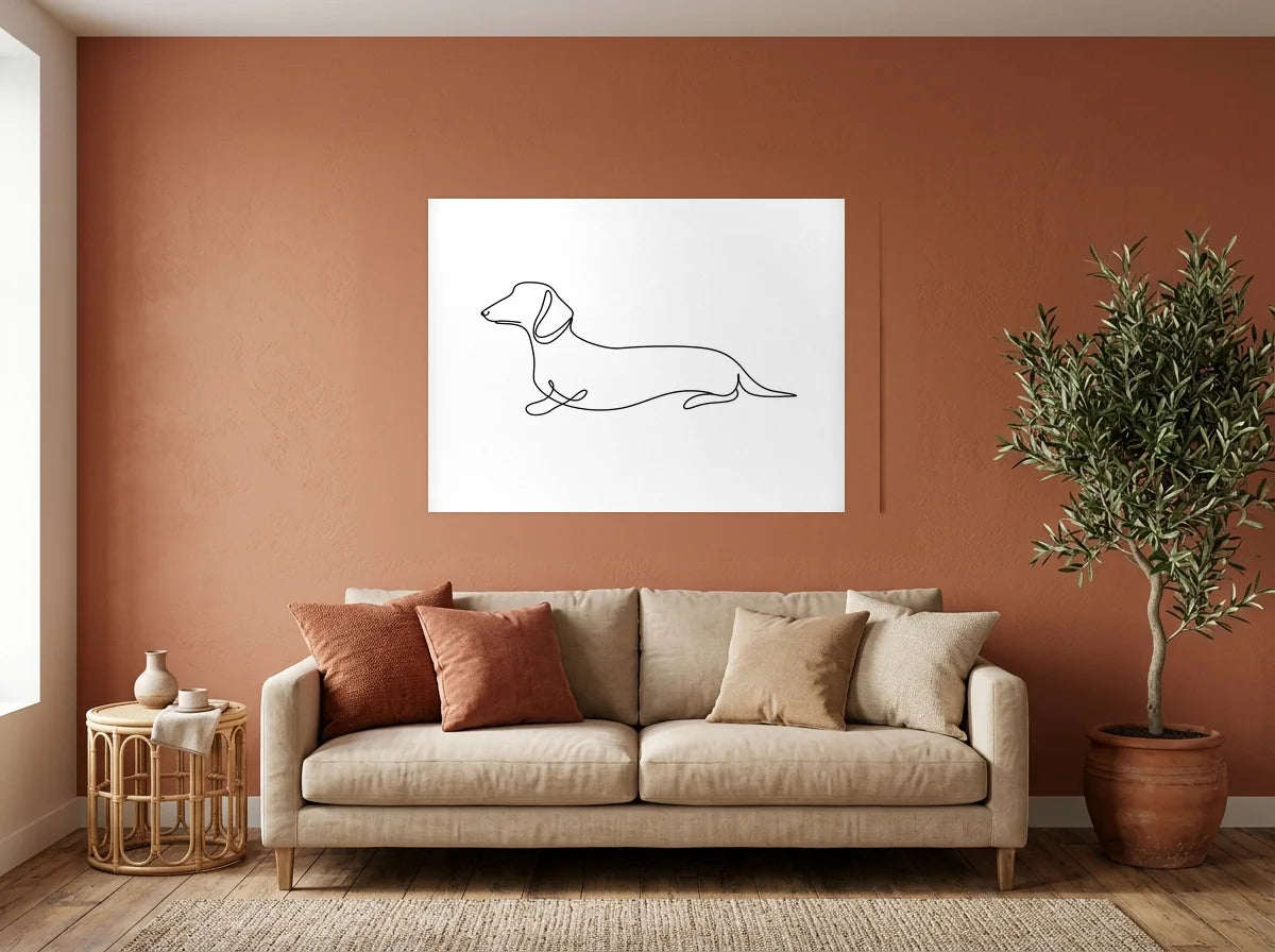 Poster affiche teckel au trait continu noir et blanc sans cadre, présenté dans un intérieur contemporain