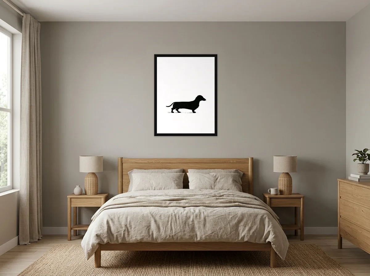 Poster encadré noir teckel en silhouette noir et blanc, présenté dans un intérieur contemporain
