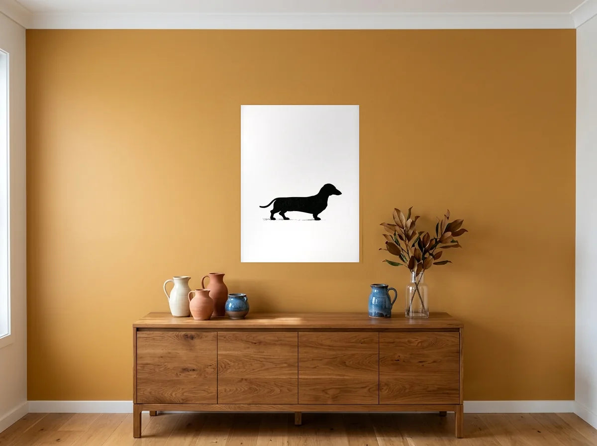 Poster affiche teckel en silhouette noir et blanc sans cadre, présenté dans un intérieur contemporain
