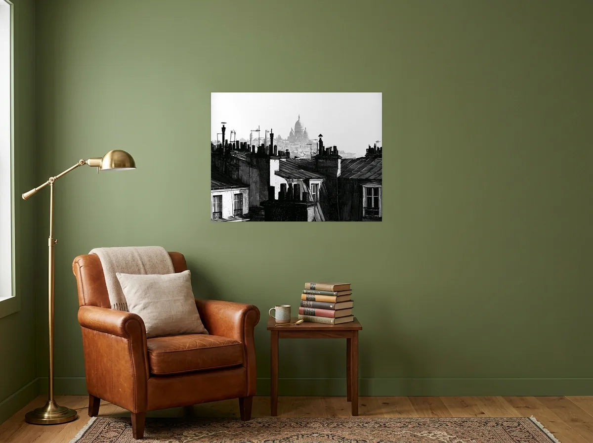 Poster toits de montmartre noir et blanc sans cadre, présenté dans un coin lecture aux murs vert olive