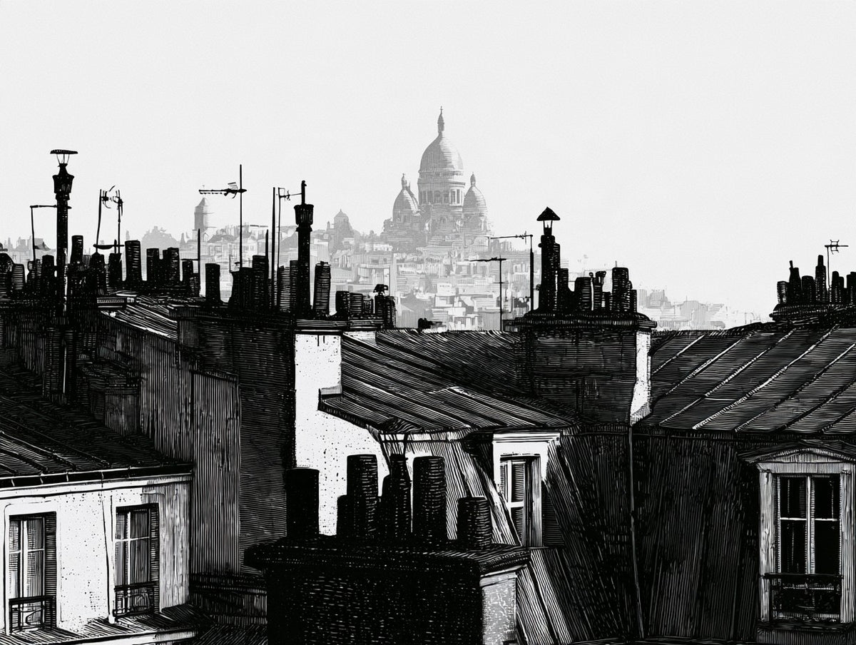 Œuvre complète du poster toits de montmartre noir et blanc, vue fidèle du dessin