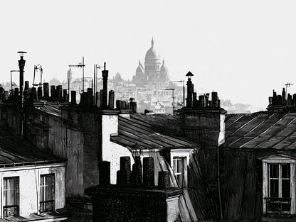Œuvre complète du poster toits de montmartre noir et blanc, vue fidèle du dessin