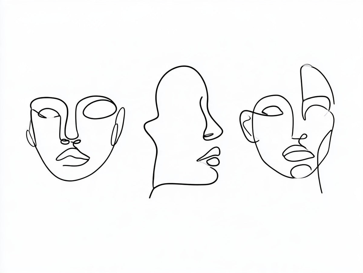 Œuvre complète du poster Trois Visages au Trait noir et blanc, vue fidèle du visuel original