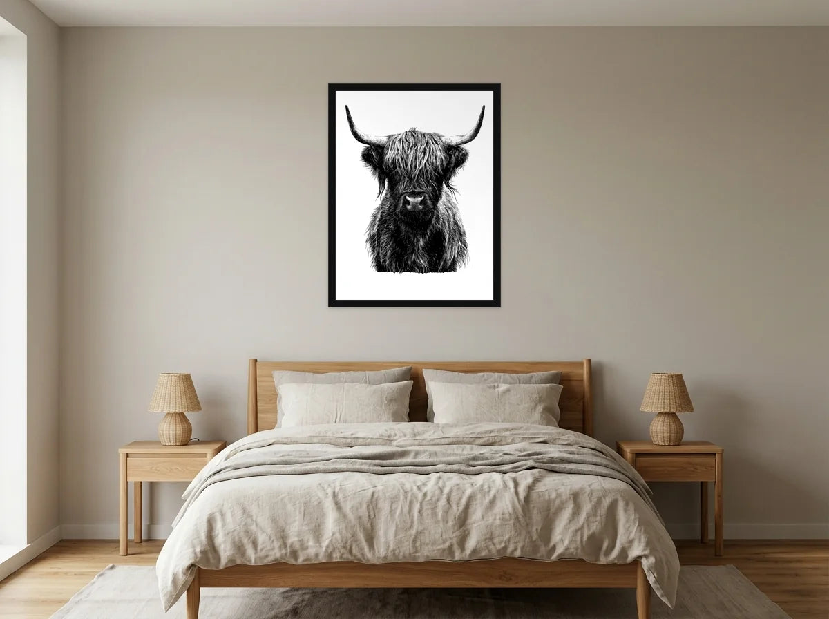 Poster vache highland de face noir et blanc encadré noir, présenté dans chambre aux tons lin et grège