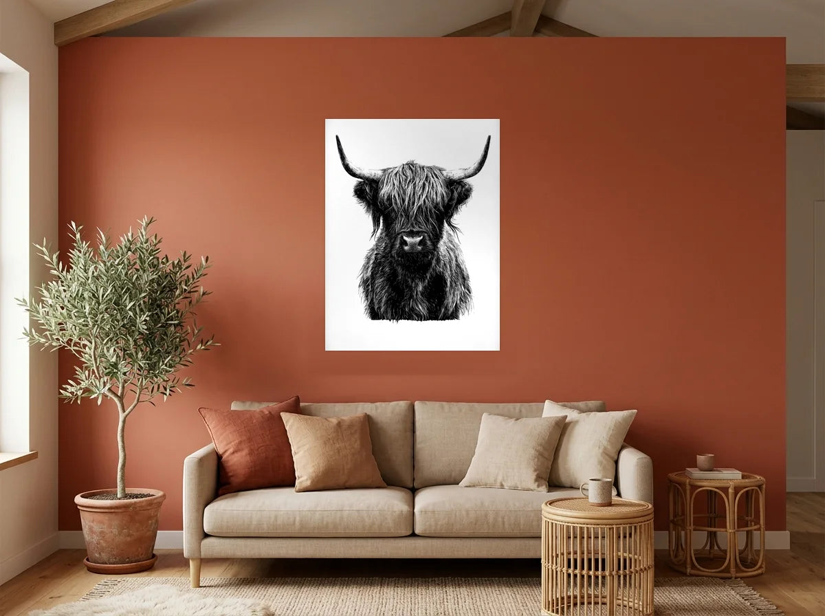 Poster vache highland de face noir et blanc sans cadre, présenté dans salon aux murs terracotta