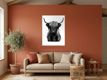 Poster vache highland de face noir et blanc sans cadre, présenté dans salon aux murs terracotta