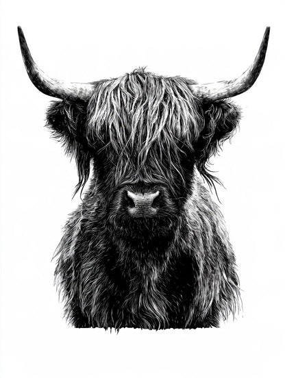 Illustration du poster vache highland de face noir et blanc, vue fidèle de l’œuvre