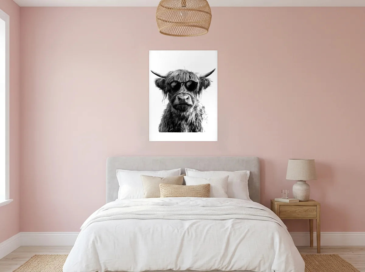 Poster vache highland à lunettes noir et blanc sans cadre, mis en scène dans : chambre aux murs rose poudré