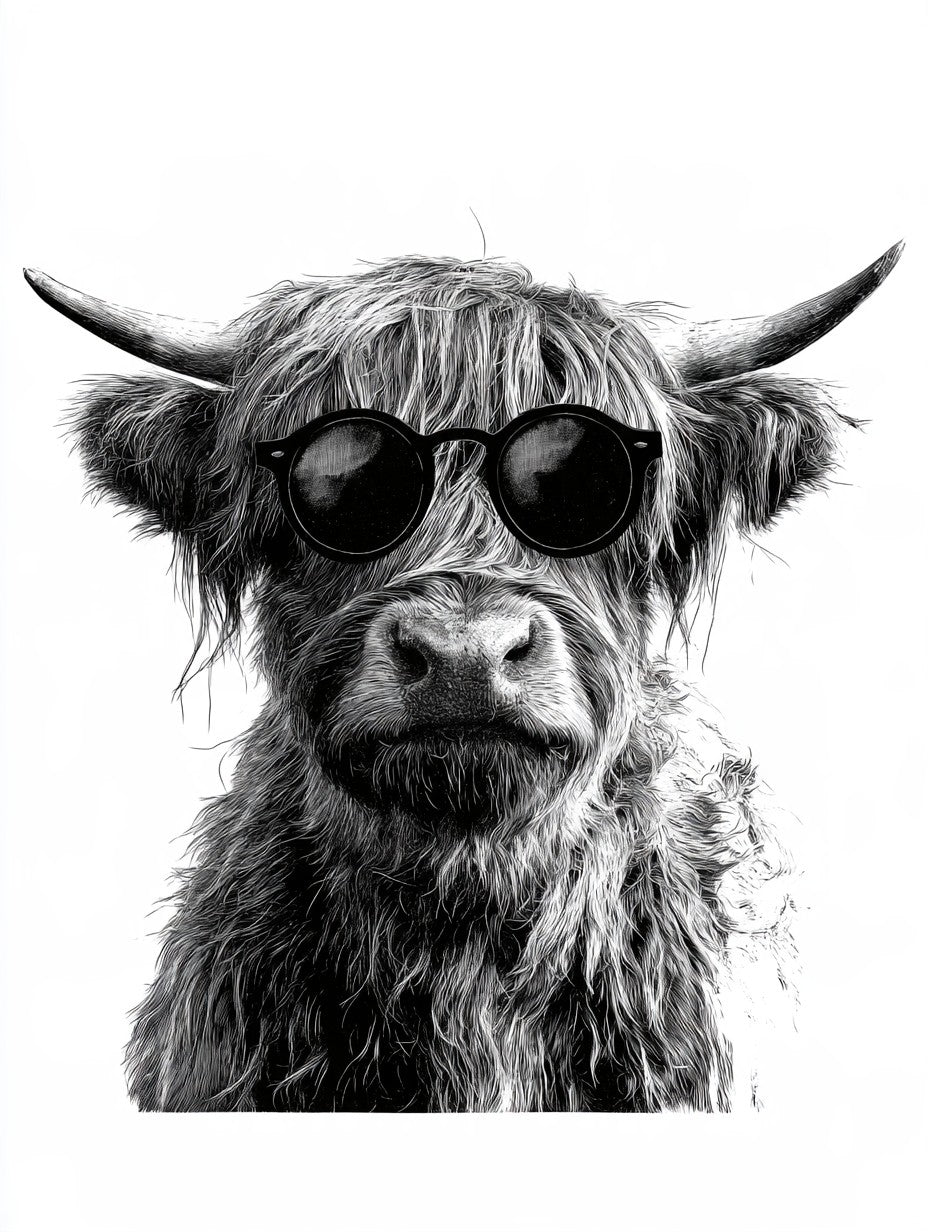 Œuvre du poster vache highland à lunettes noir et blanc, vue complète et fidèle du visuel