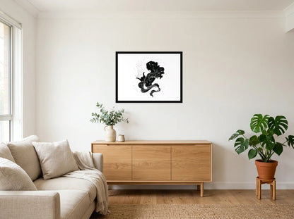 Poster Verseau Céleste noir et blanc encadré noir, présenté dans : salon blanc chaleureux et bois clair