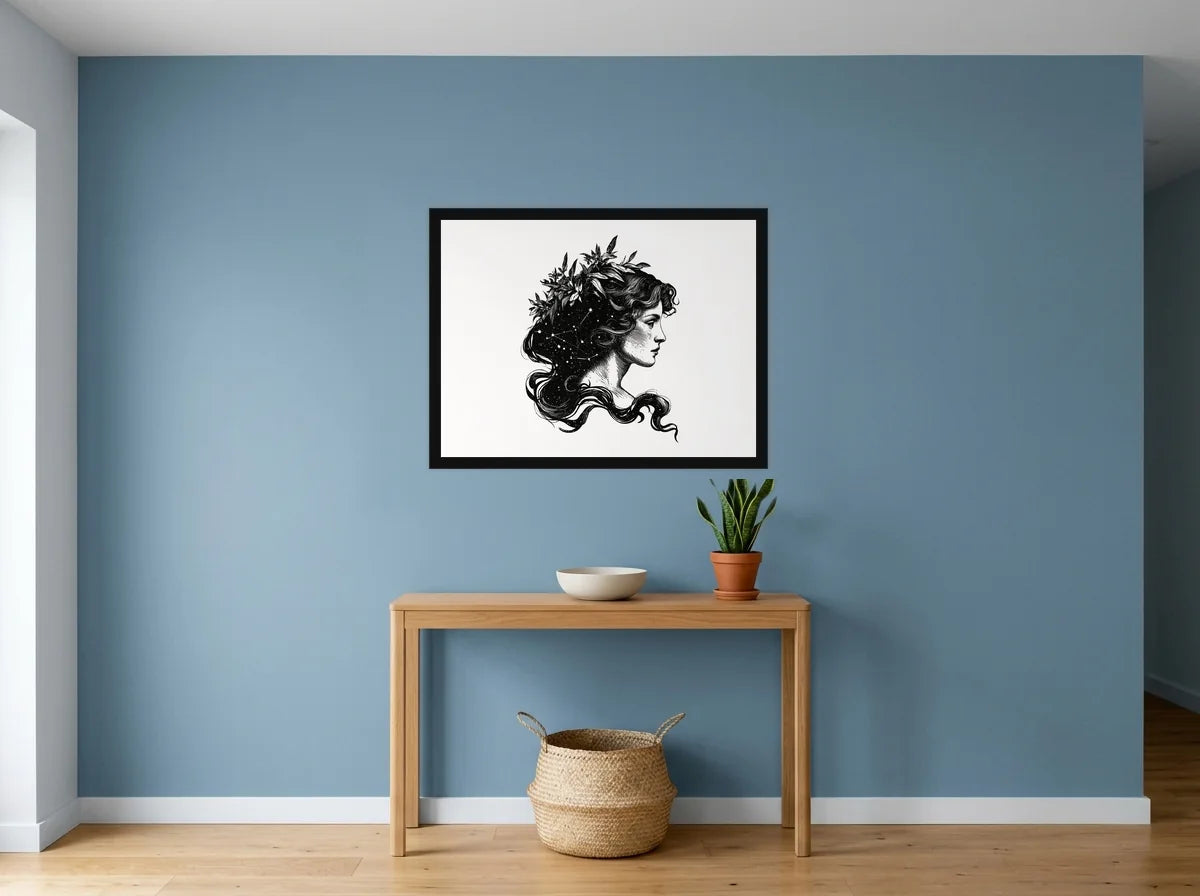 Poster vierge couronne végétale noir et blanc encadré noir, présenté dans : entrée aux murs bleu poudré