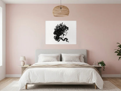 Poster vierge couronne végétale noir et blanc sans cadre, présenté dans : chambre aux murs rose poudré