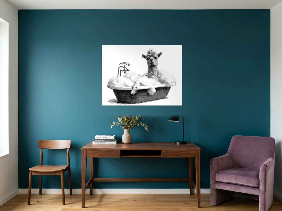 Tableau alpaga bain moussant noir et blanc sur toile 2 cm, présenté dans un intérieur coloré