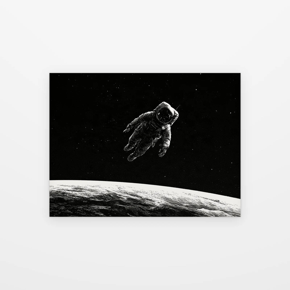 Visuel du tableau astronaute dérive stellaire noir et blanc présenté seul sur fond blanc, aperçu de l’œuvre imprimée