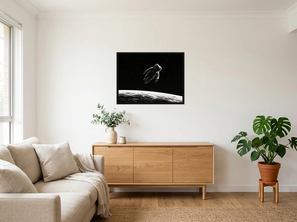 Tableau astronaute dérive stellaire noir et blanc en toile encadrée noire, présenté dans : salon blanc chaleureux et bois clair