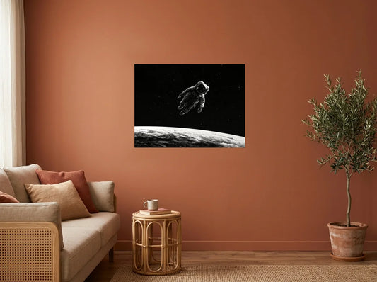 Tableau astronaute dérive stellaire noir et blanc sur toile 2 cm, présenté dans : salon aux murs terracotta