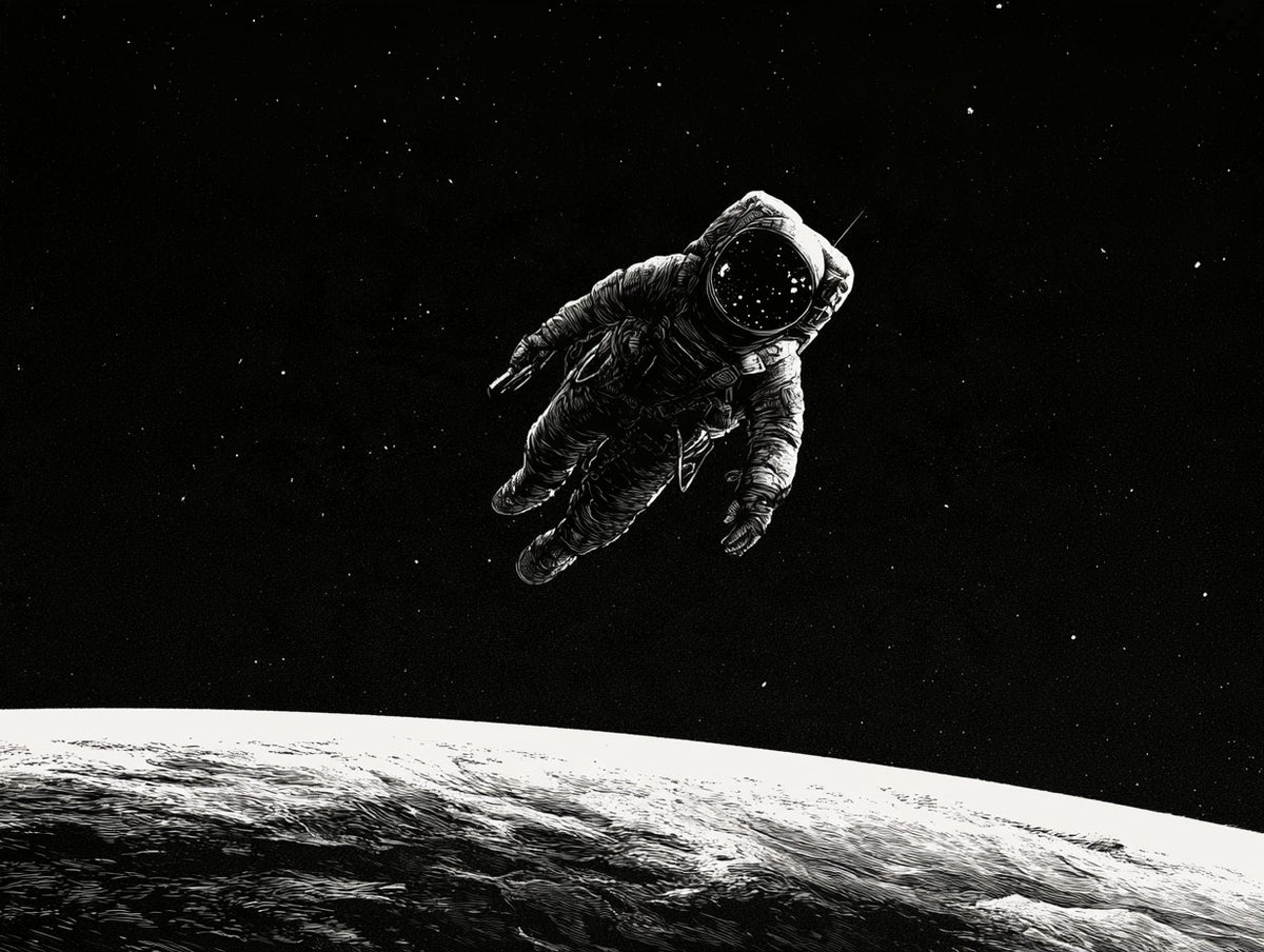 Œuvre complète du tableau astronaute dérive stellaire noir et blanc, vue fidèle du dessin original
