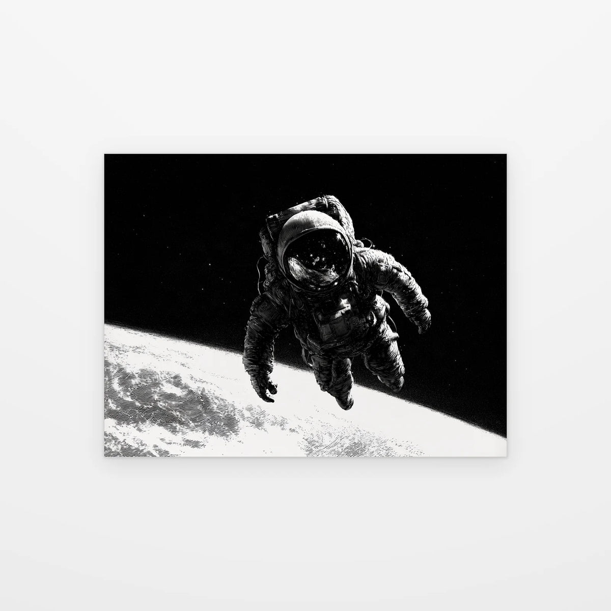 Visuel du tableau astronaute visière lunaire noir et blanc présenté seul sur fond blanc, aperçu de l’œuvre imprimée