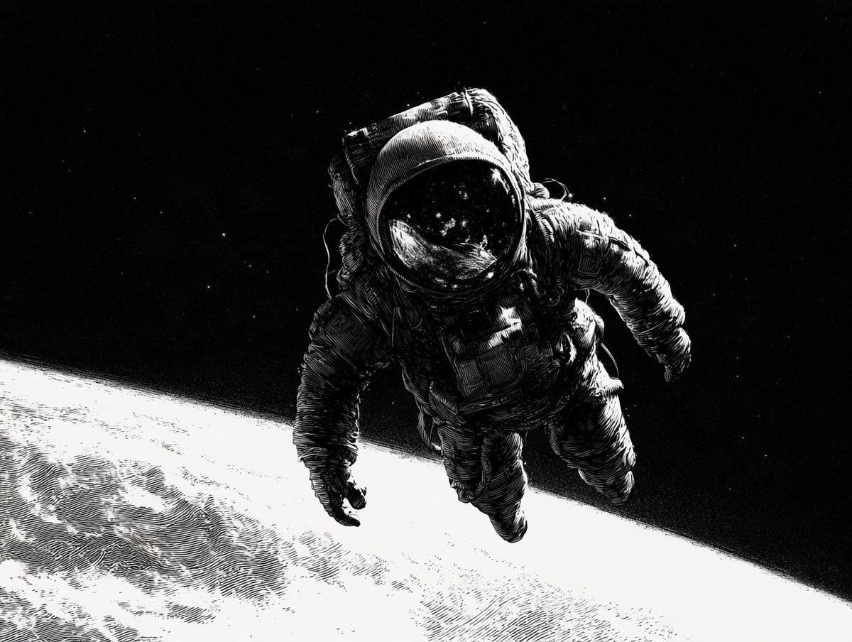 Œuvre complète du tableau astronaute visière lunaire noir et blanc, vue fidèle du dessin original