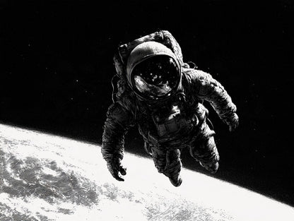 Œuvre complète du tableau astronaute visière lunaire noir et blanc, vue fidèle du dessin original