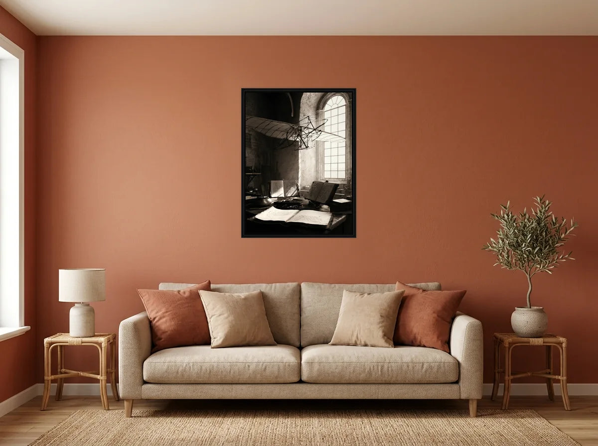 Tableau atelier de léonard noir et blanc en toile encadrée noire, mis en scène dans : salon aux murs terracotta