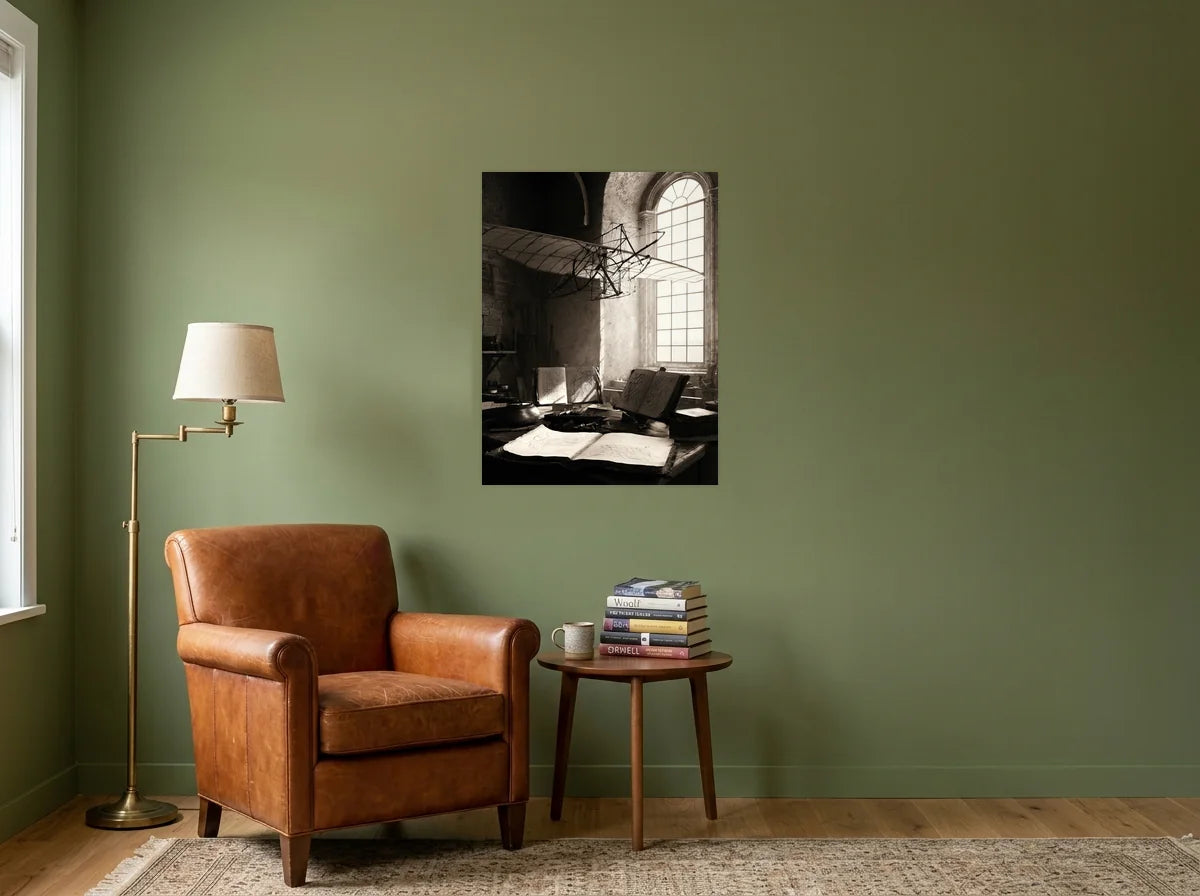Tableau atelier de léonard noir et blanc sur toile 2 cm, mis en scène dans : coin lecture aux murs vert olive