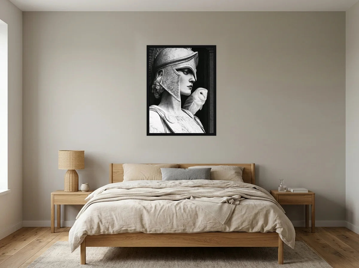 Tableau athéna et la chouette noir et blanc en toile encadrée noire, présenté dans : chambre aux tons lin et grège