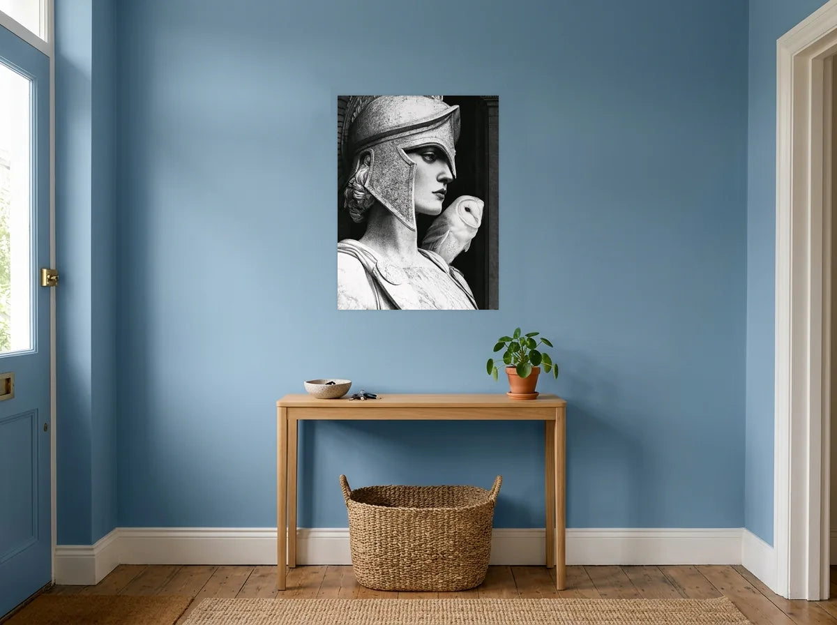 Tableau athéna et la chouette noir et blanc sur toile 2 cm, présenté dans : entrée aux murs bleu poudré