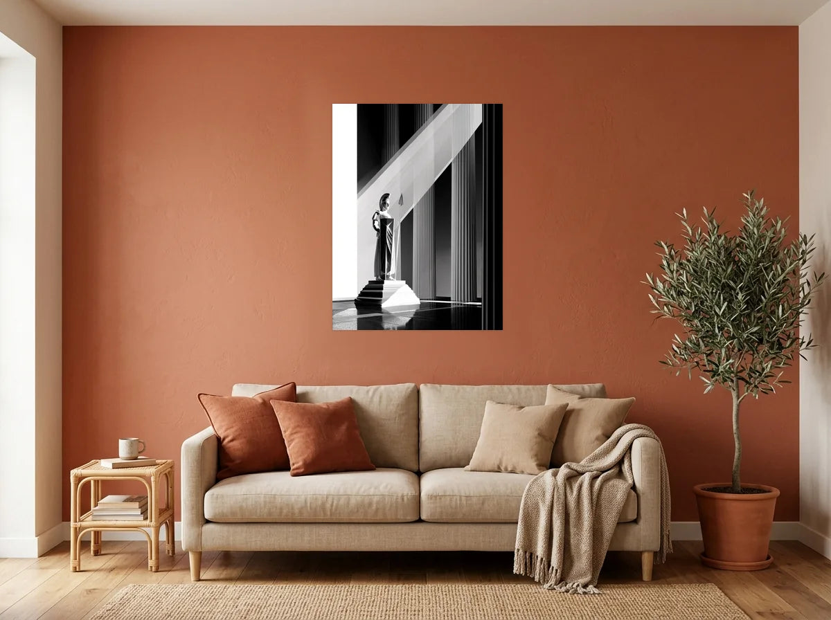 Tableau Athéna dans la Lumière noir et blanc sur toile 2 cm, présenté dans : salon aux murs terracotta