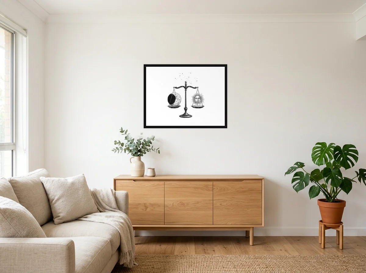 Tableau Balance Lune et Soleil noir et blanc en toile encadrée noire, présenté dans : salon blanc chaleureux et bois clair
