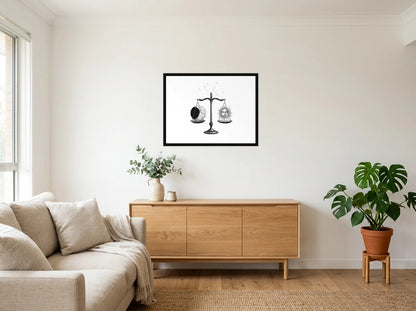 Tableau Balance Lune et Soleil noir et blanc en toile encadrée noire, présenté dans : salon blanc chaleureux et bois clair