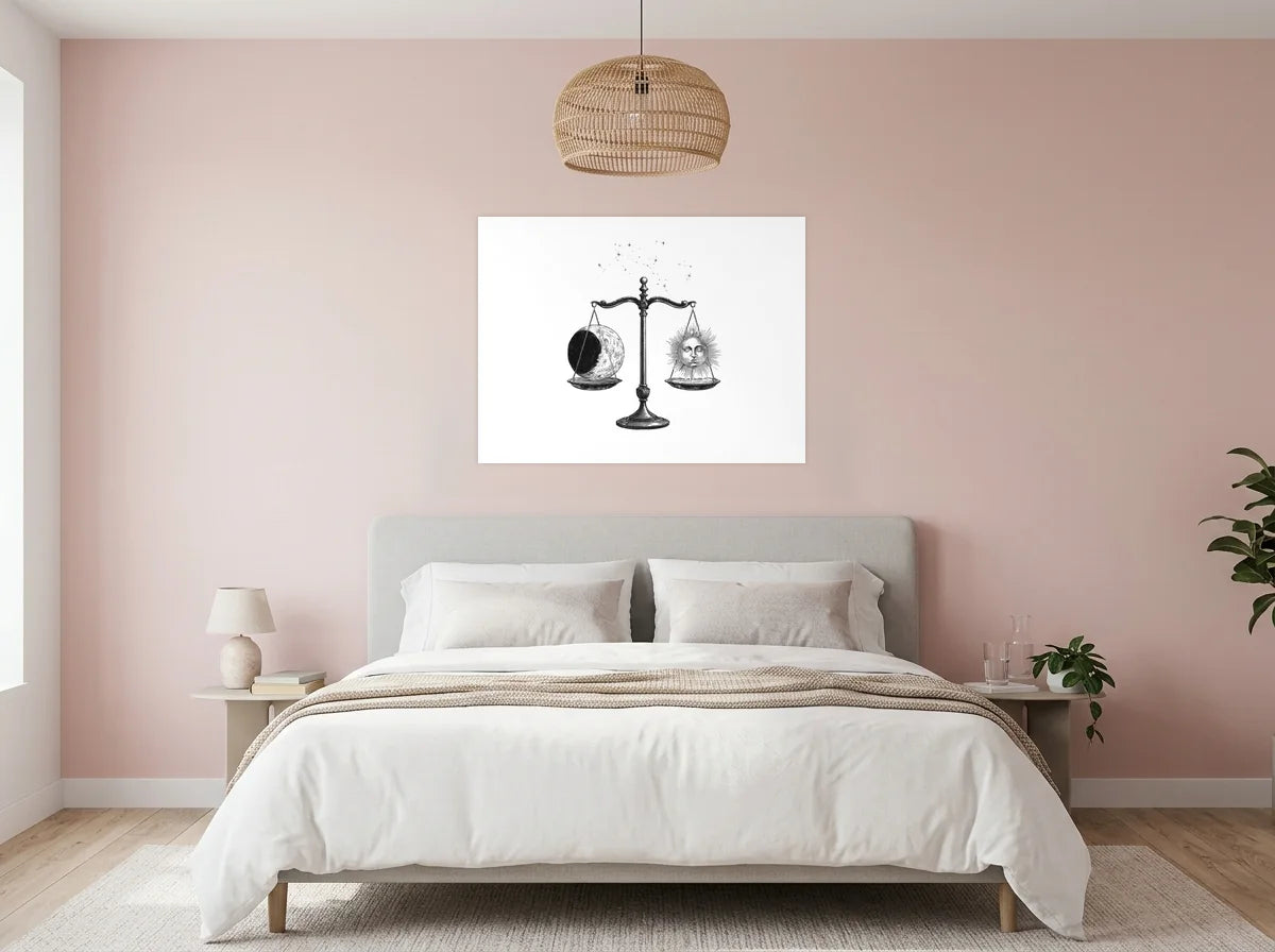 Tableau Balance Lune et Soleil noir et blanc sur toile 2 cm, présenté dans : chambre aux murs rose poudré