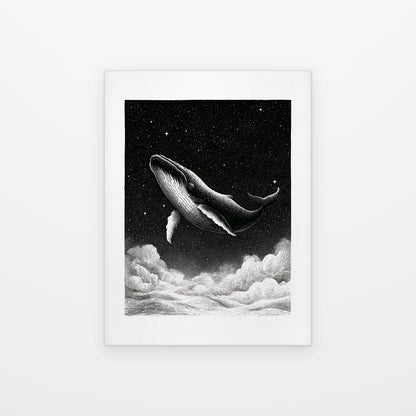Visuel du tableau baleine au-dessus des nuages noir et blanc présenté seul sur fond blanc, aperçu de l’œuvre imprimée