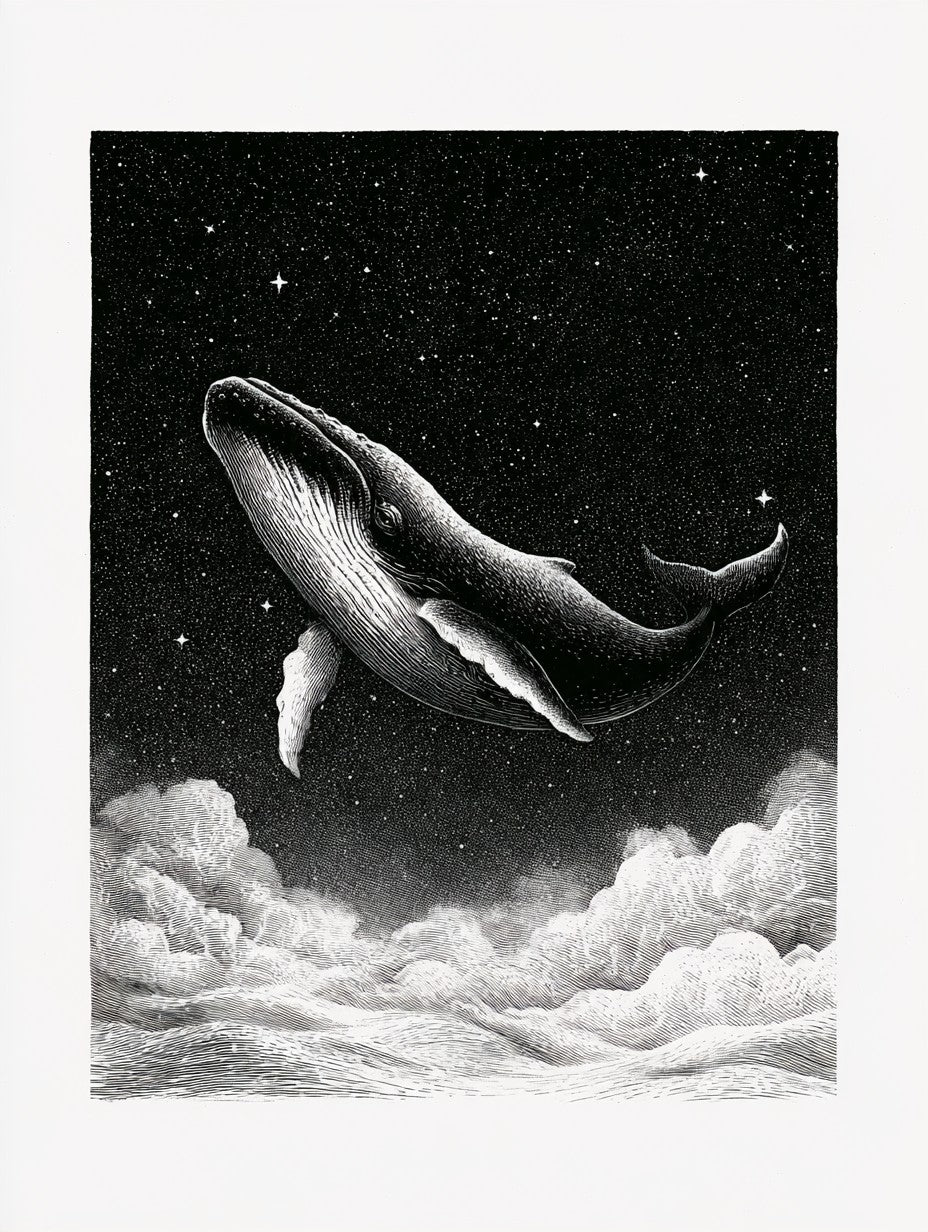 Œuvre du tableau baleine au-dessus des nuages noir et blanc, vue complète et fidèle du visuel