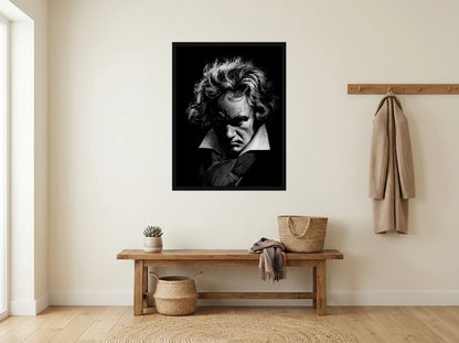 Tableau beethoven en clair-obscur noir et blanc en toile encadrée noire, présenté dans : entrée crème avec banc en bois